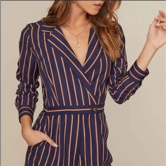 ASTR The Label Striped V-Neck Wide Leg Pantsuit Jumpsuit Navy Orange Size Small - Picture 11 of 14